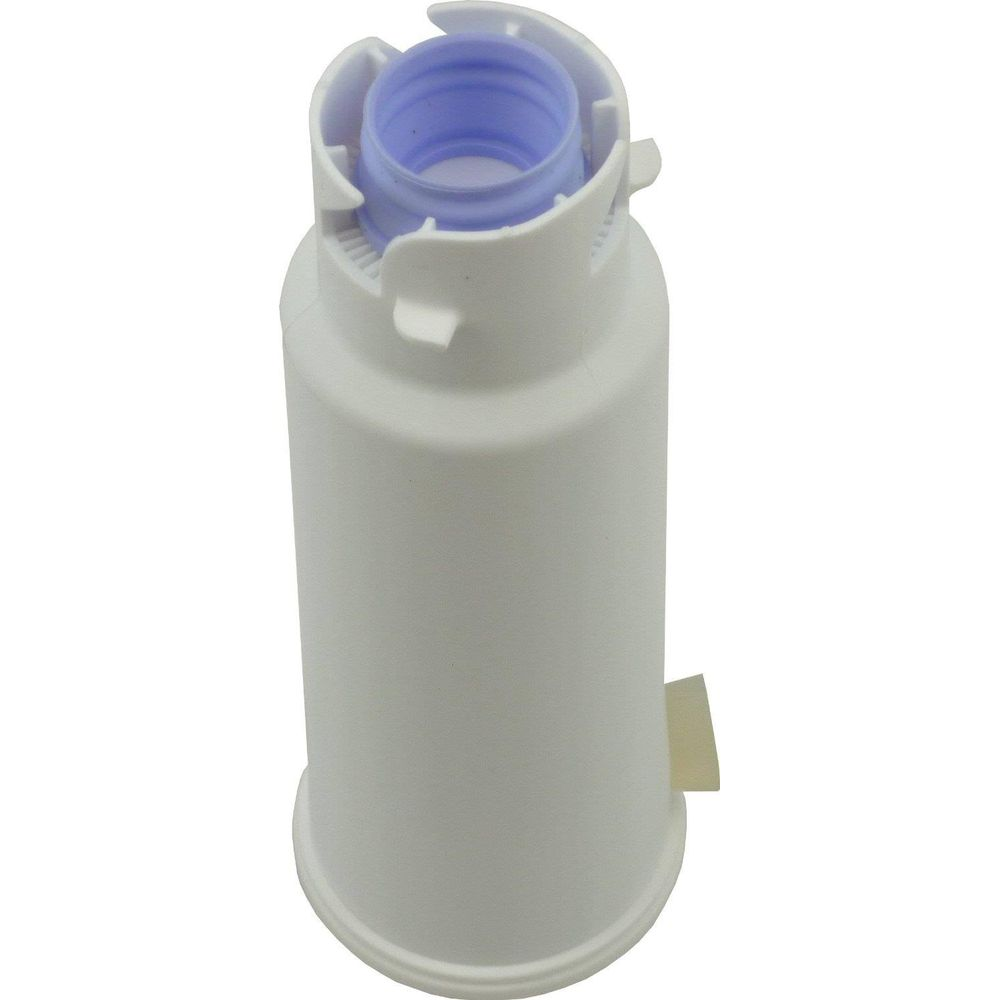 Weißer Filter mit blauem Gewinde und weißem Gehäuse.