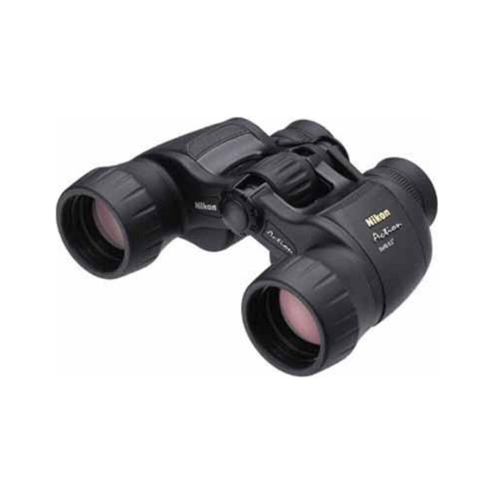 Binocolo Nikon nero con lenti rosse e rotella di messa a fuoco.