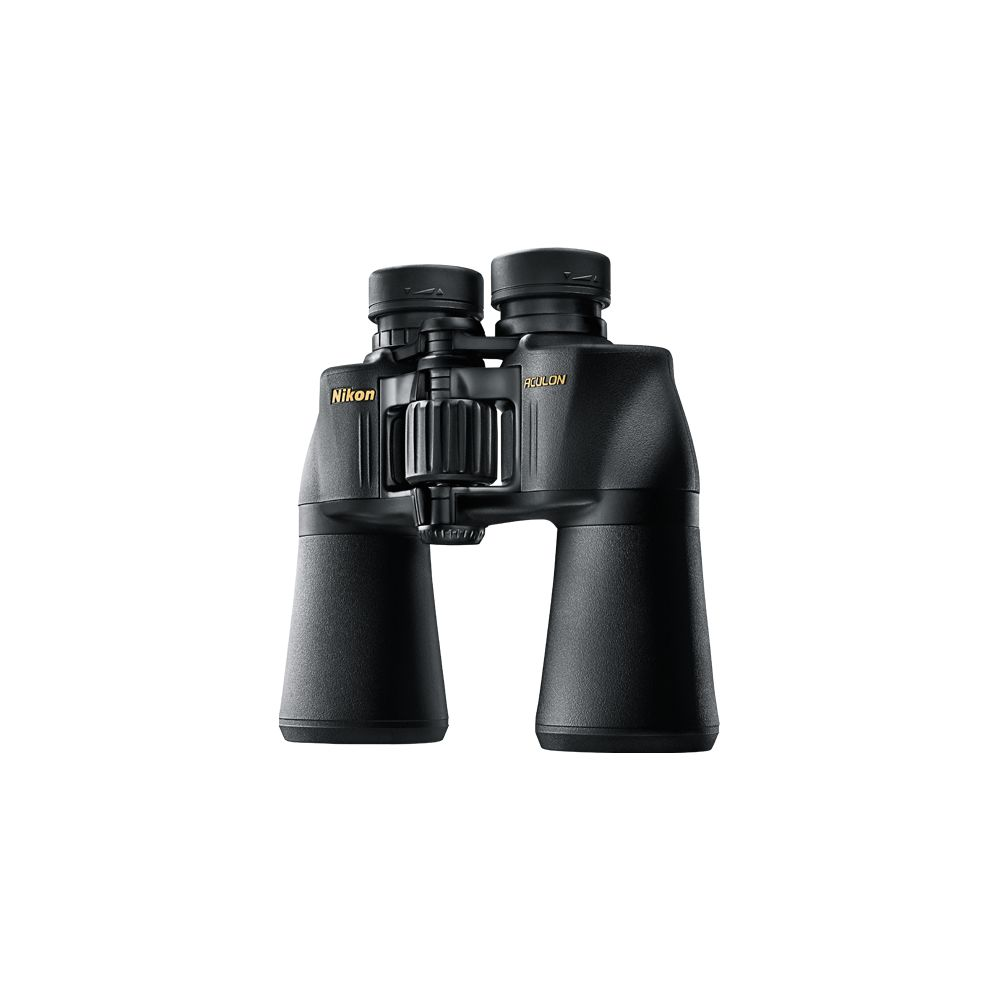 Czarne lornetki Nikon z kółkiem ostrości i napisami.