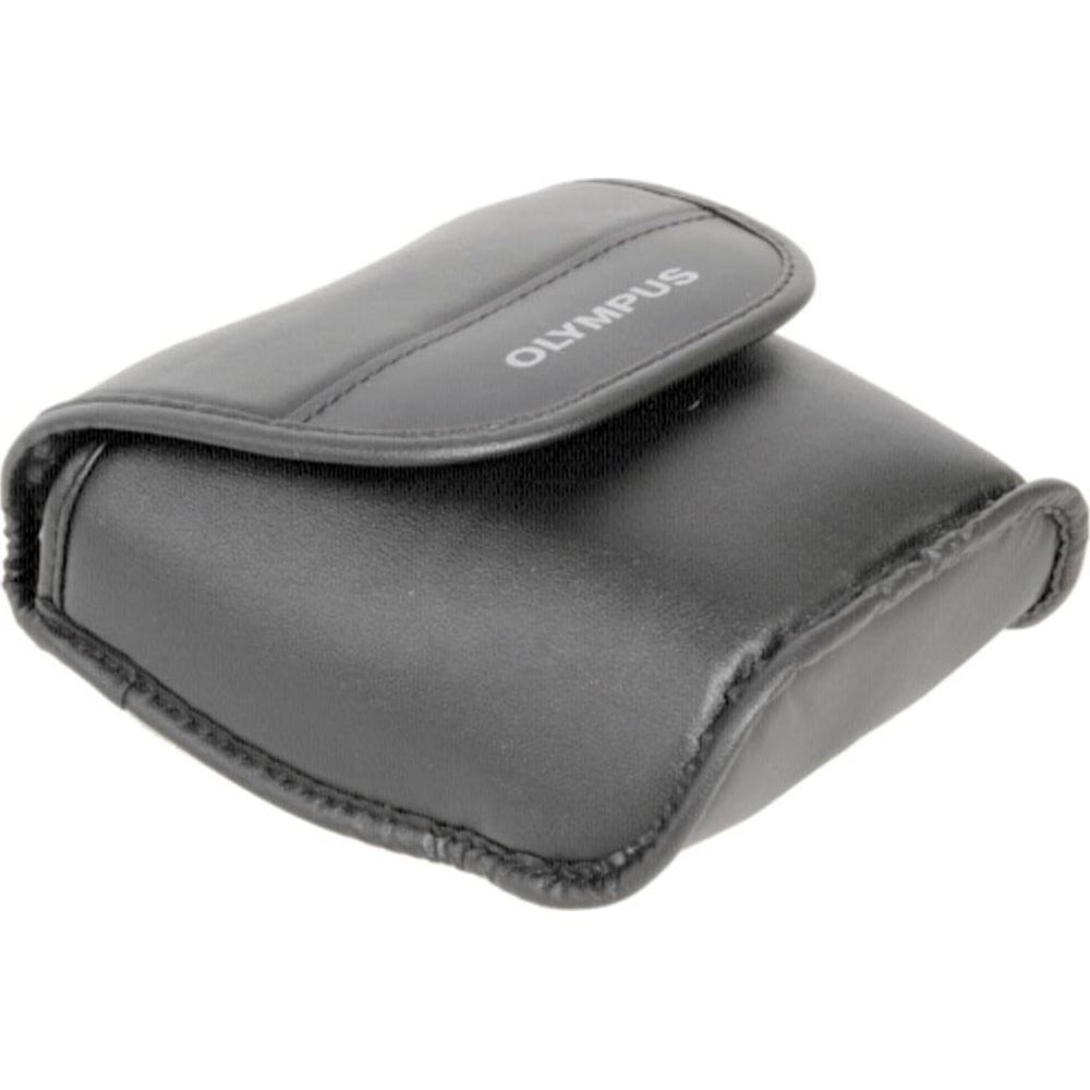 Czarna skórzana torba Olympus ze stebnowanymi detalami.