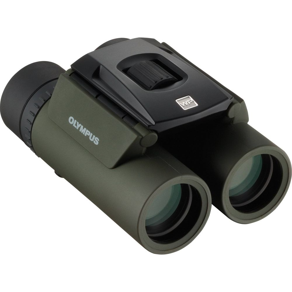 Binocolo Olympus verde con rotella di messa a fuoco nera e logo WP.