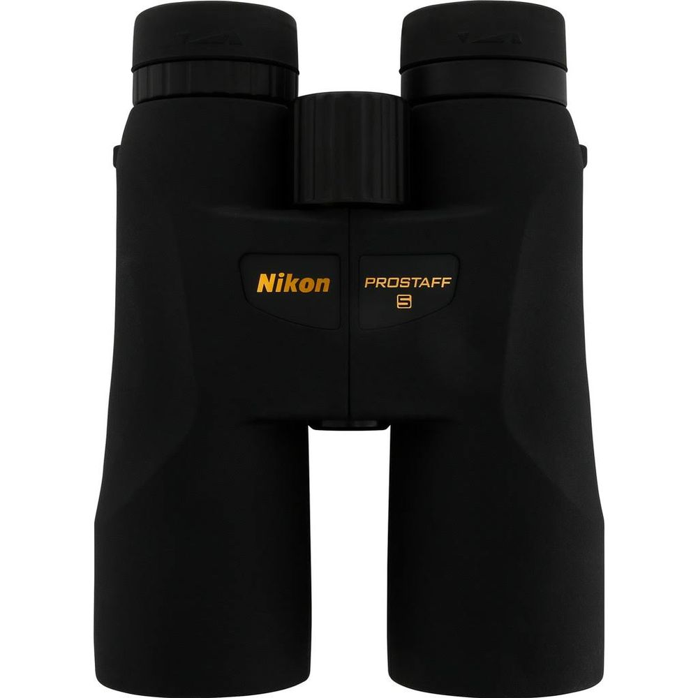 Binocolo Nikon Prostaff nero con logo argento e rotella di messa a fuoco.