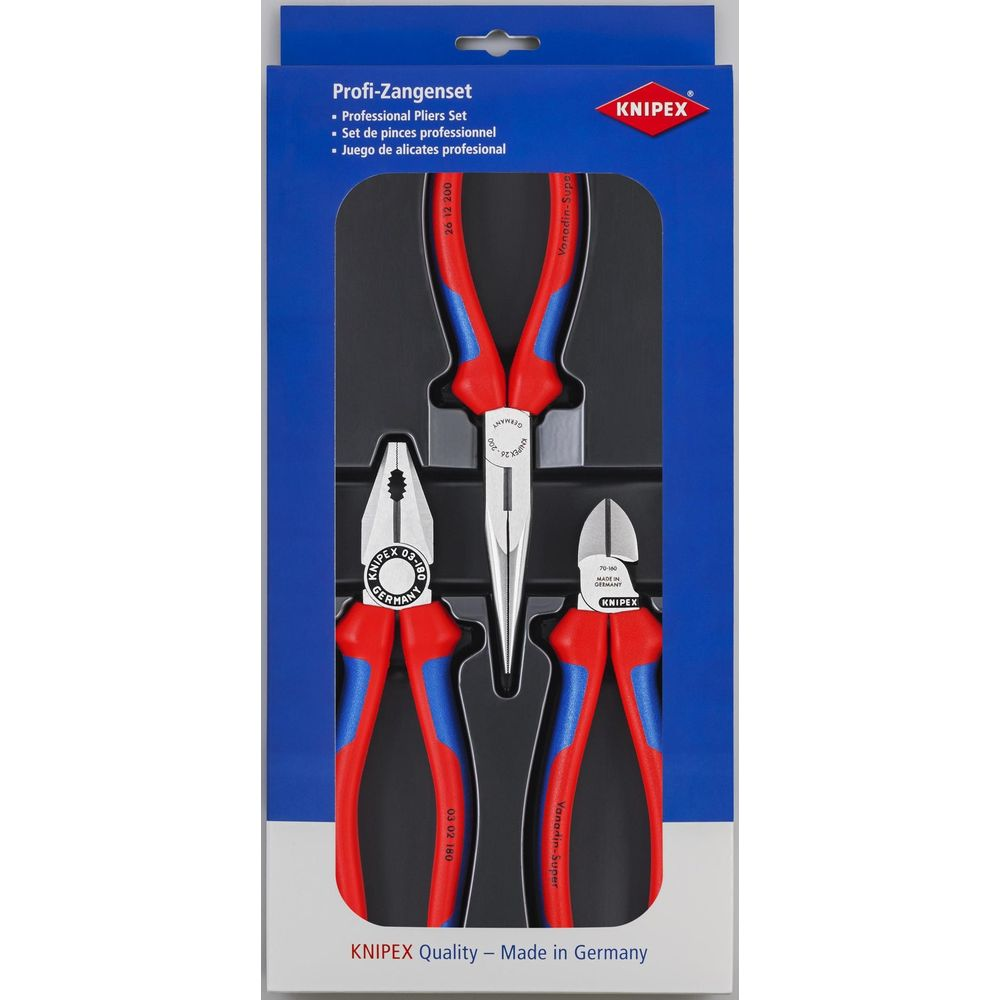 Ein Set von drei KNIPEX Zangen mit roten und blauen Griffen in einer Verpackung.
