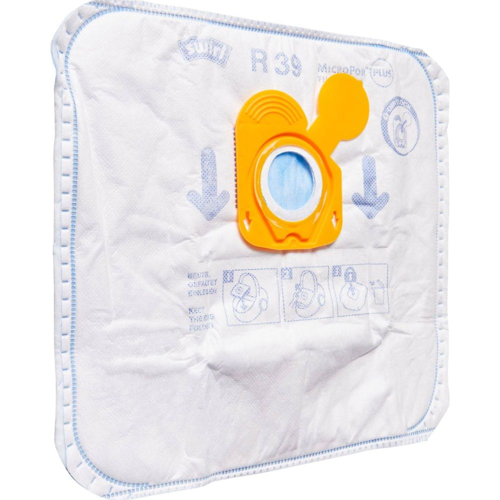 Una bolsa de aspiradora blanca con conector naranja y flechas azules.