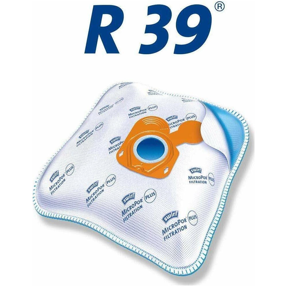 Una bolsa de aspiradora blanca con conector naranja y detalle de círculo azul.