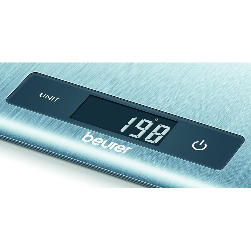 Bilancia digitale mostra 198g. Logo Beurer e pulsante unità visibili.