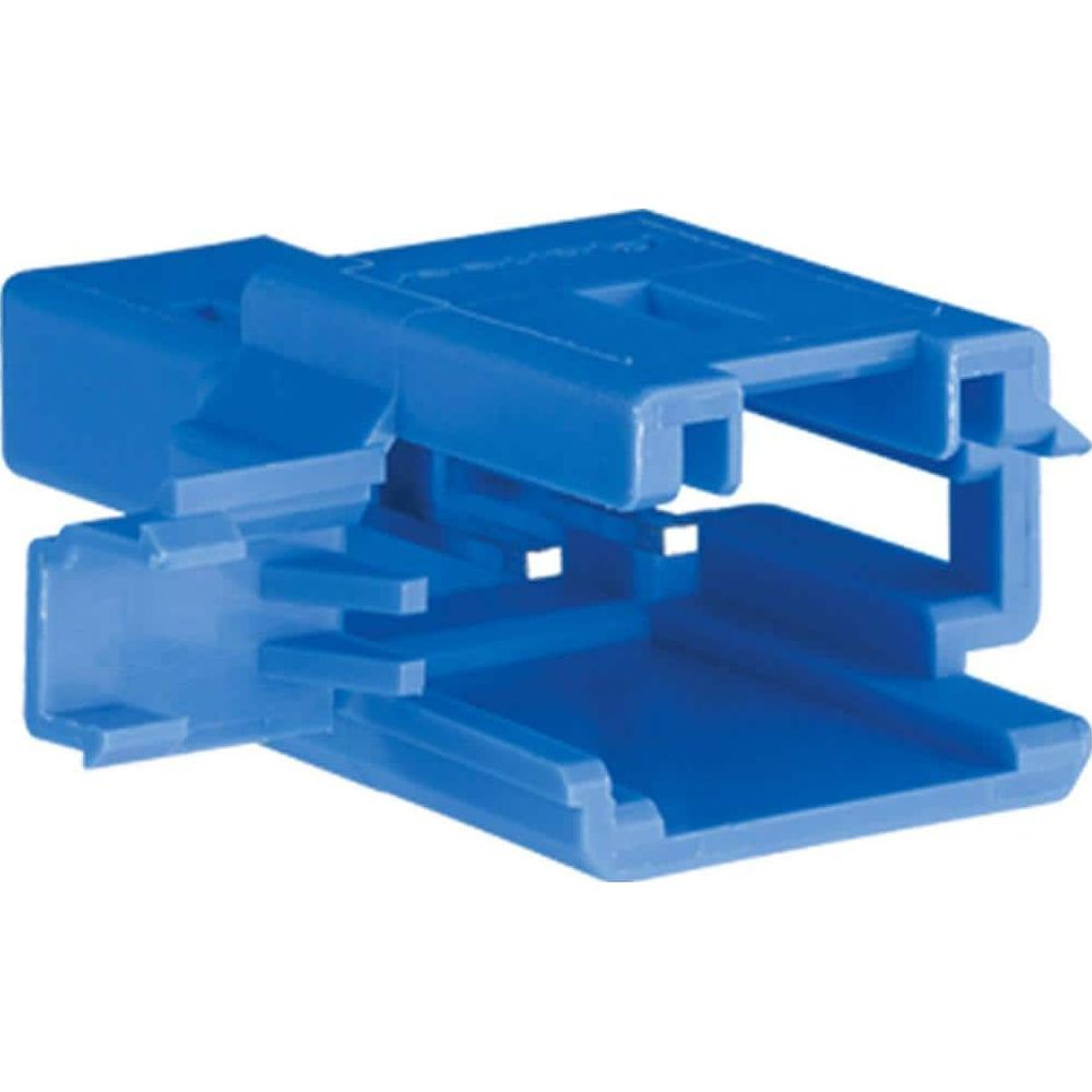 Un connecteur en plastique bleu aux formes et fentes complexes.