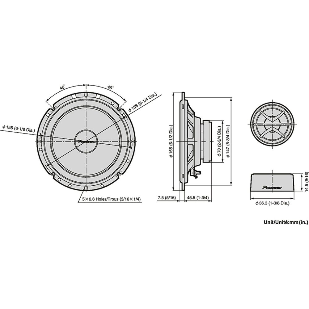 Dessin technique d'un haut-parleur avec dimensions en mm et pouces.