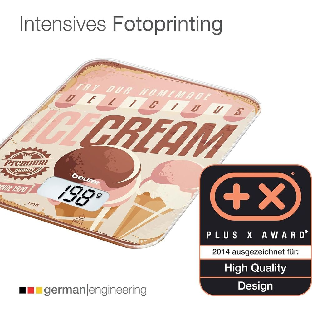 Una bilancia da cucina digitale con disegno di gelato e testo "ICE CREAM".