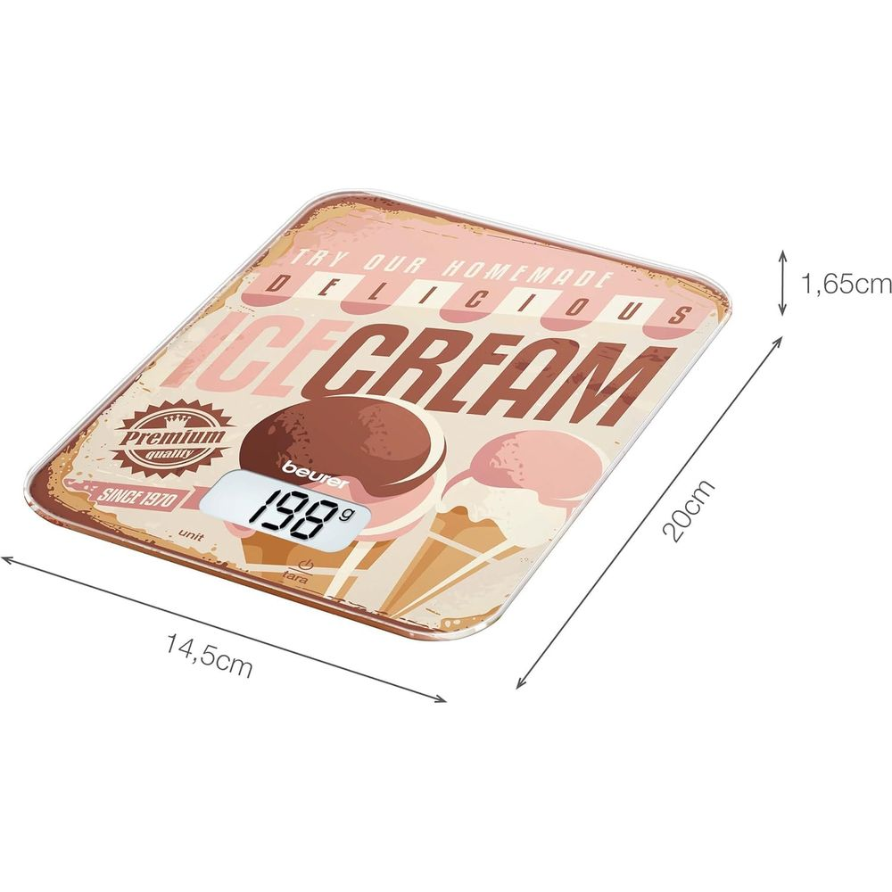 Una bilancia da cucina digitale a tema gelato, misura 14,5x20x1,65cm.