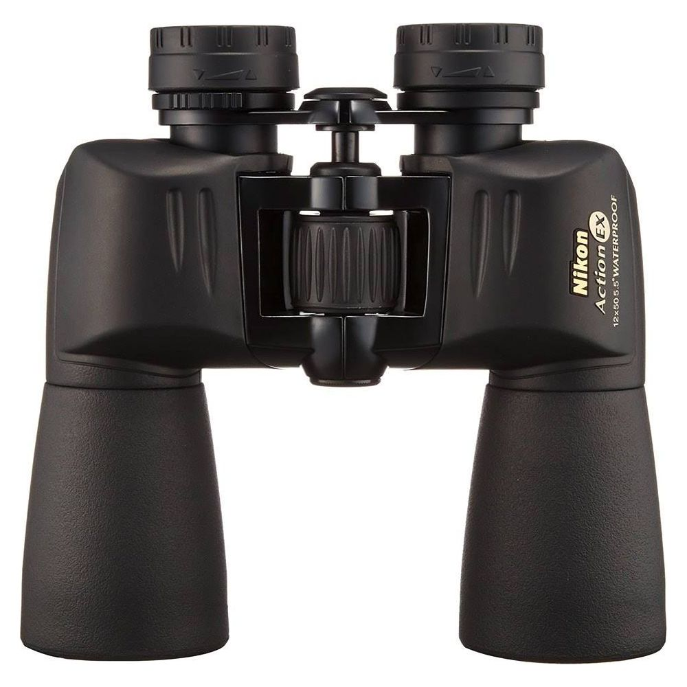 Czarne lornetki Nikon z kółkiem ostrości i mocowaniem paska.