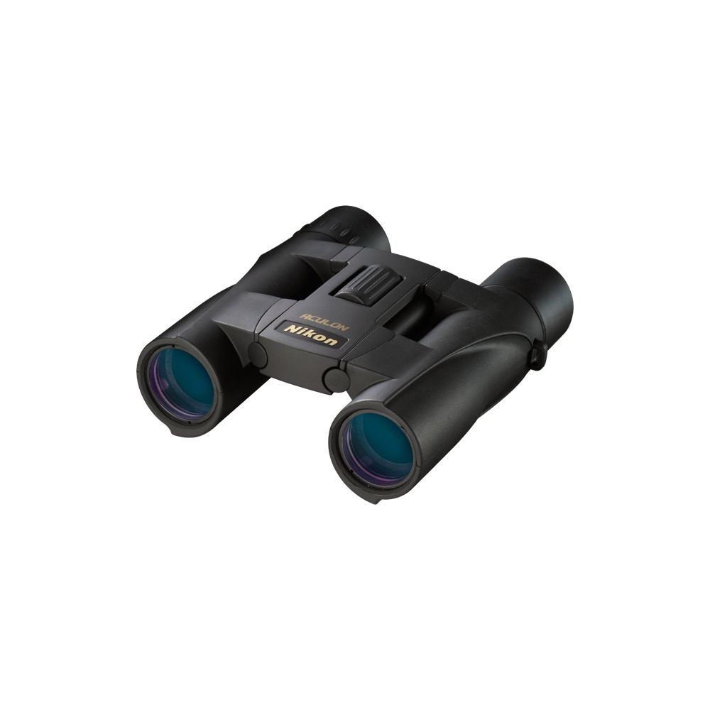 Czarne lornetki Nikon z srebrnym napisem i niebieskimi soczewkami.