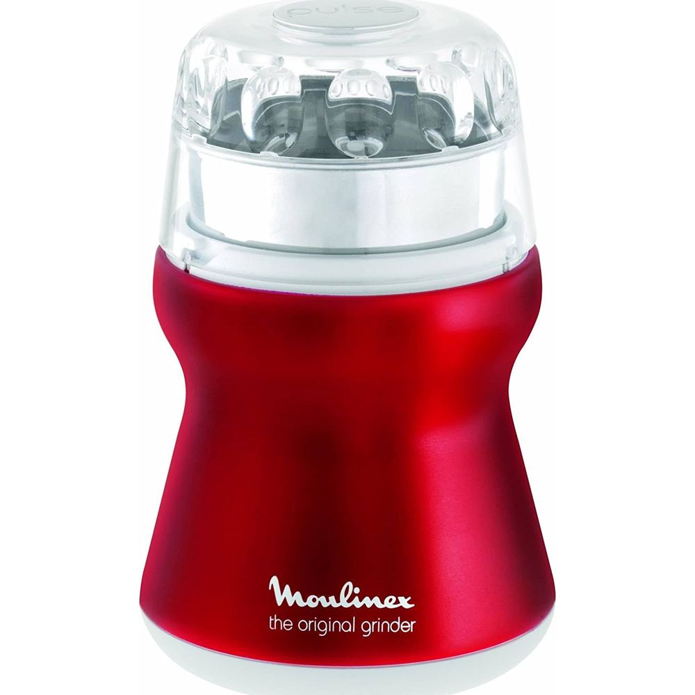 Ein roter Moulinex Gewürz- und Kaffeemühle mit durchsichtigem Deckel.
