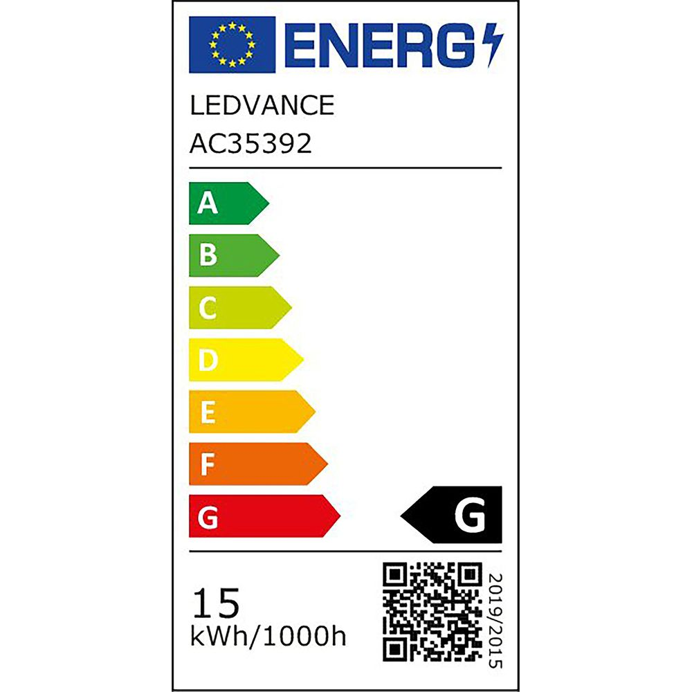 Etichetta efficienza energetica LEDVANCE AC35392, classe G, 15 kWh/1000h.