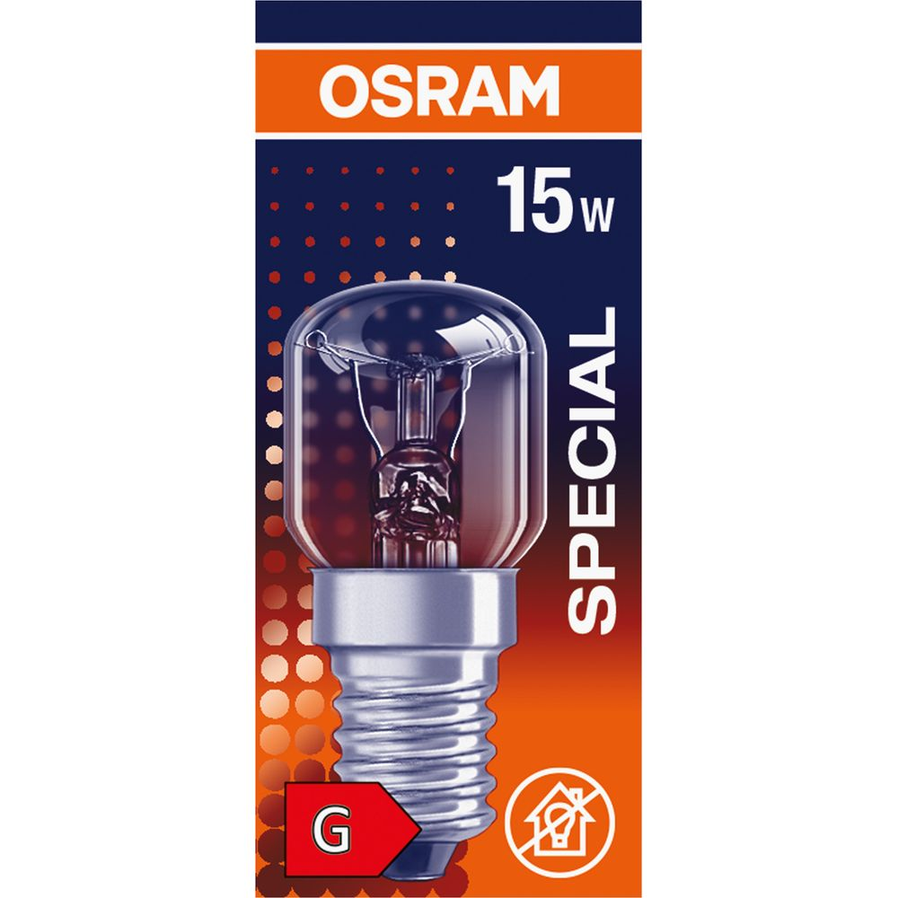 Lampadina speciale Osram 15w con base a vite ed etichetta G.