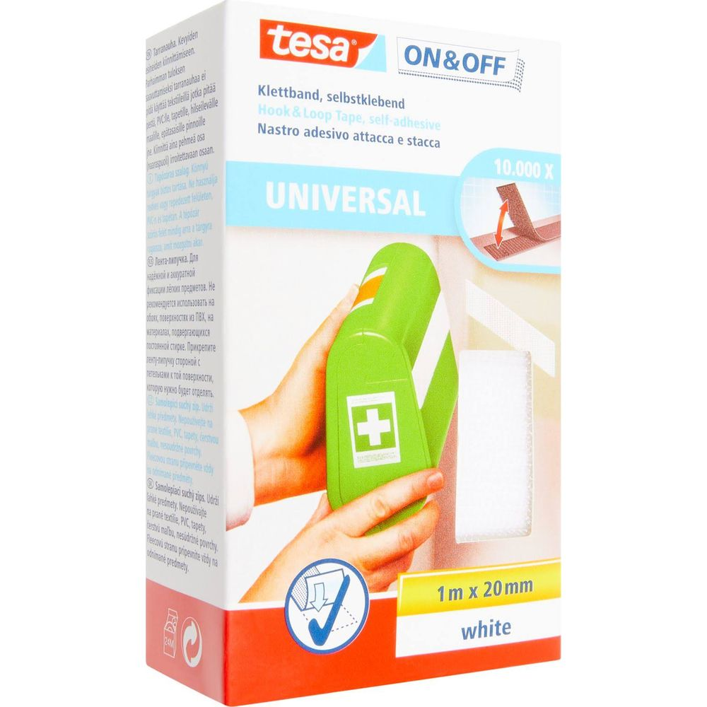 Tesa Hook & Loop Tape, 1m x 20mm, white, for attaching light items.