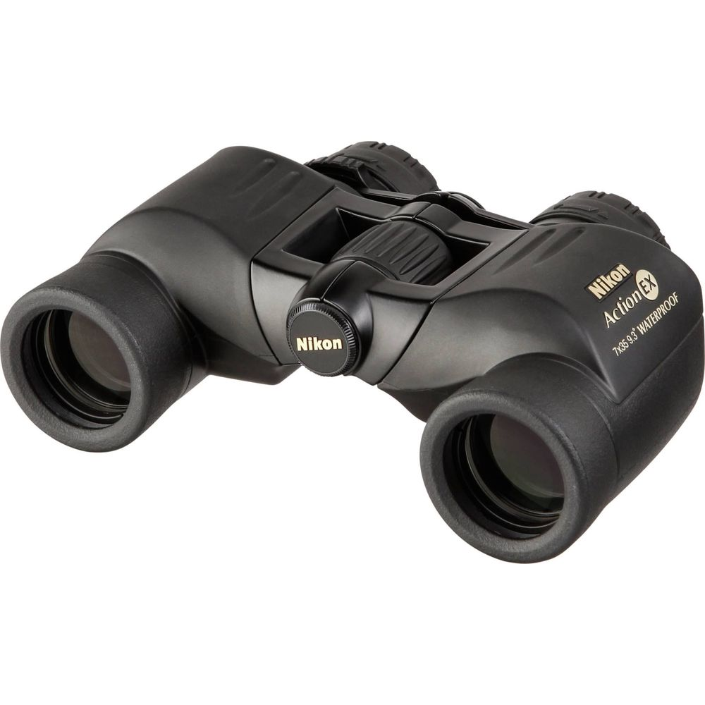 Binocolo Nikon Action EX 7x35 9.8° nero con rotella di messa a fuoco e lenti.