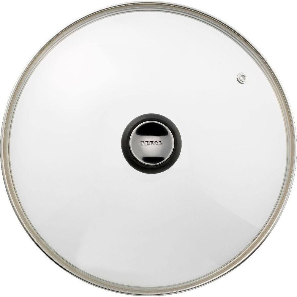 Ein klarer Glas-Tefal-Topfdeckel mit silbernem Rand und schwarzem Griff.
