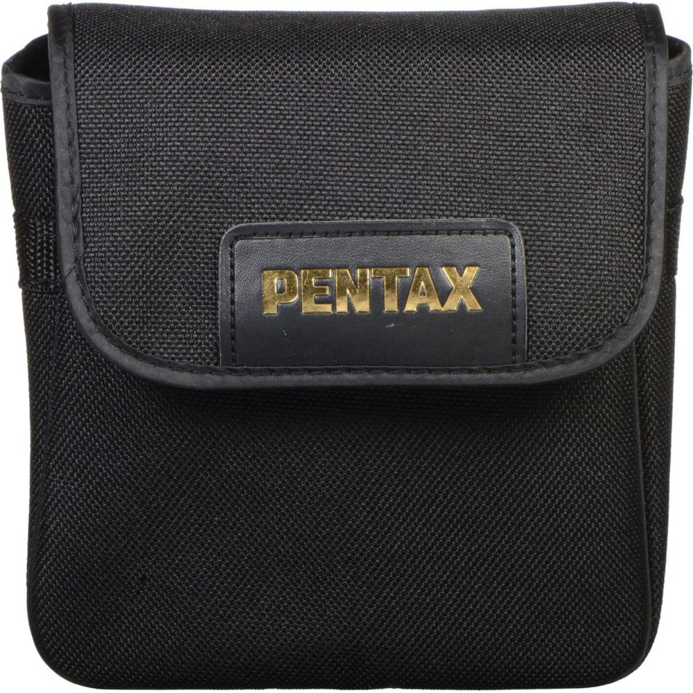 Borsetta nera in tessuto Pentax con logo dorato.