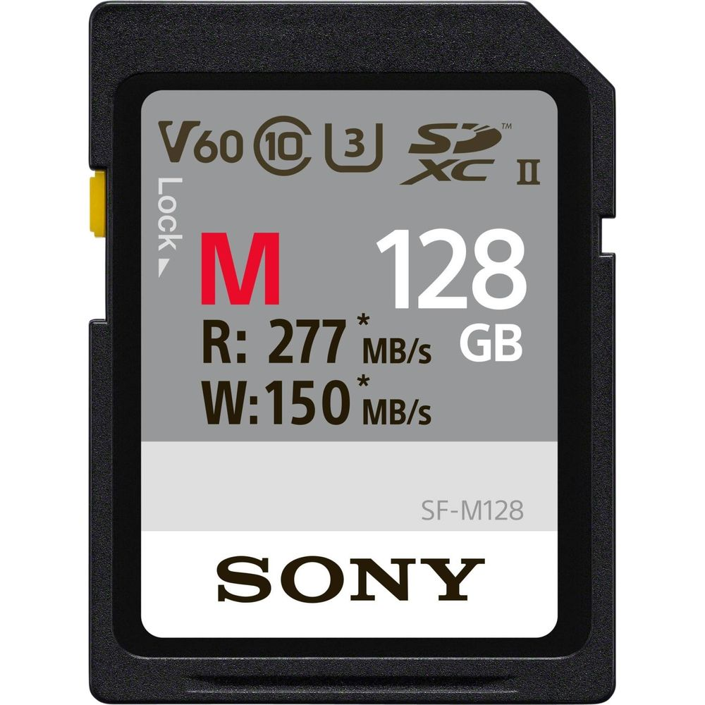 Carte mémoire Sony 128 Go SDXC II V60, Classe 10, U3, Lecture 277 Mo/s, Écriture 150 Mo/s.