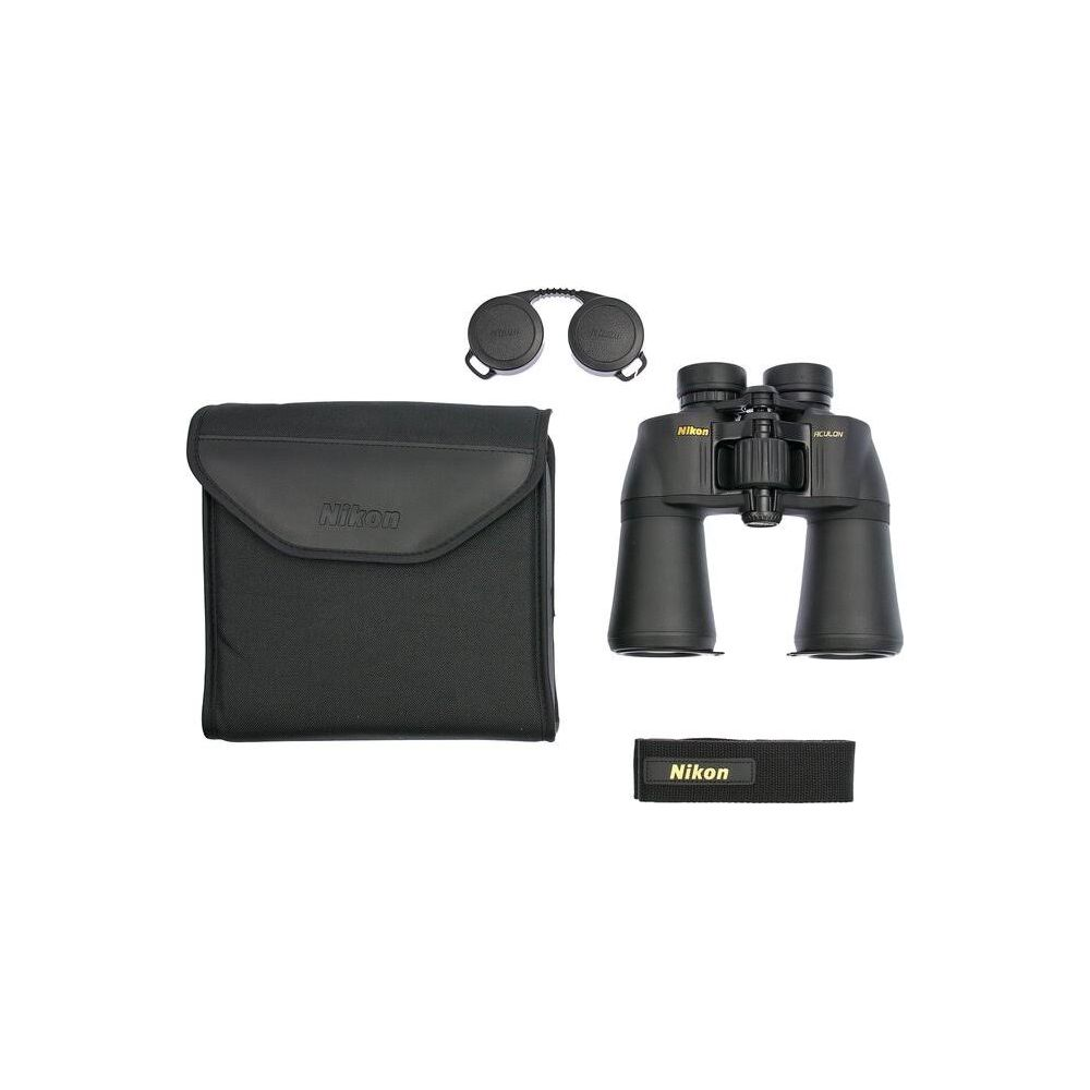 Prismáticos Nikon negros con estuche y accesorios sobre fondo blanco.