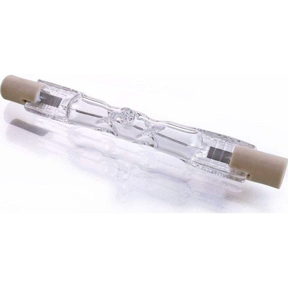 Una bombilla halógena tubular transparente con extremos cerámicos beige y un filamento visible en el interior, en ángulo sobre una superficie blanca.