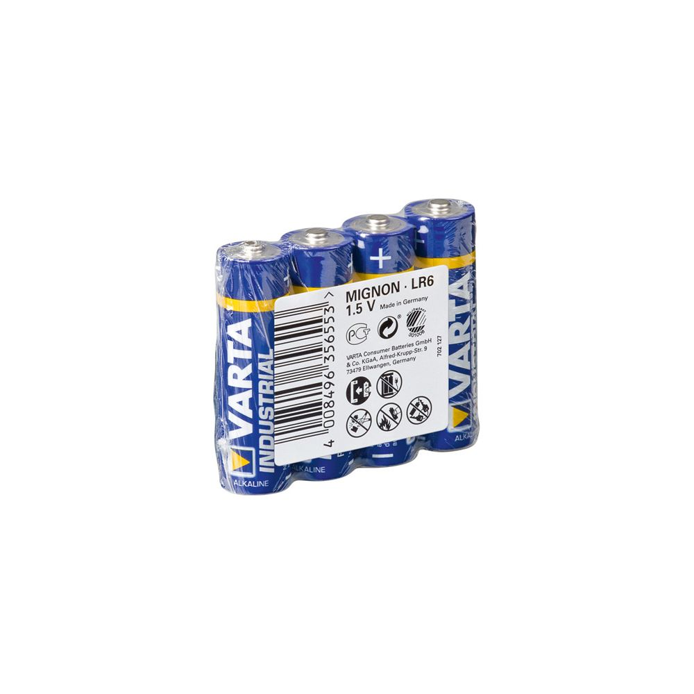 Quattro batterie Varta LR6 Mignon in un pacco di plastica, blu e giallo.