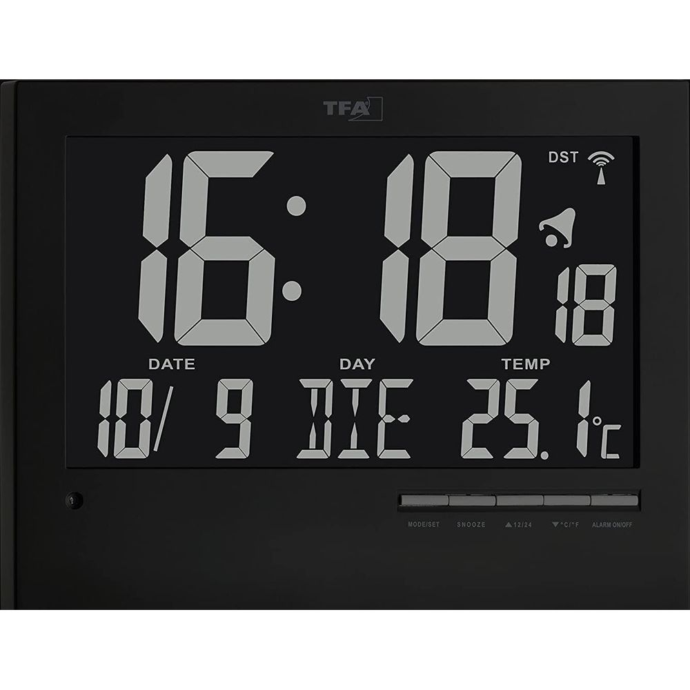 Orologio digitale mostra 16:18, data 10/9, giorno DIE, temp 25.1°C.