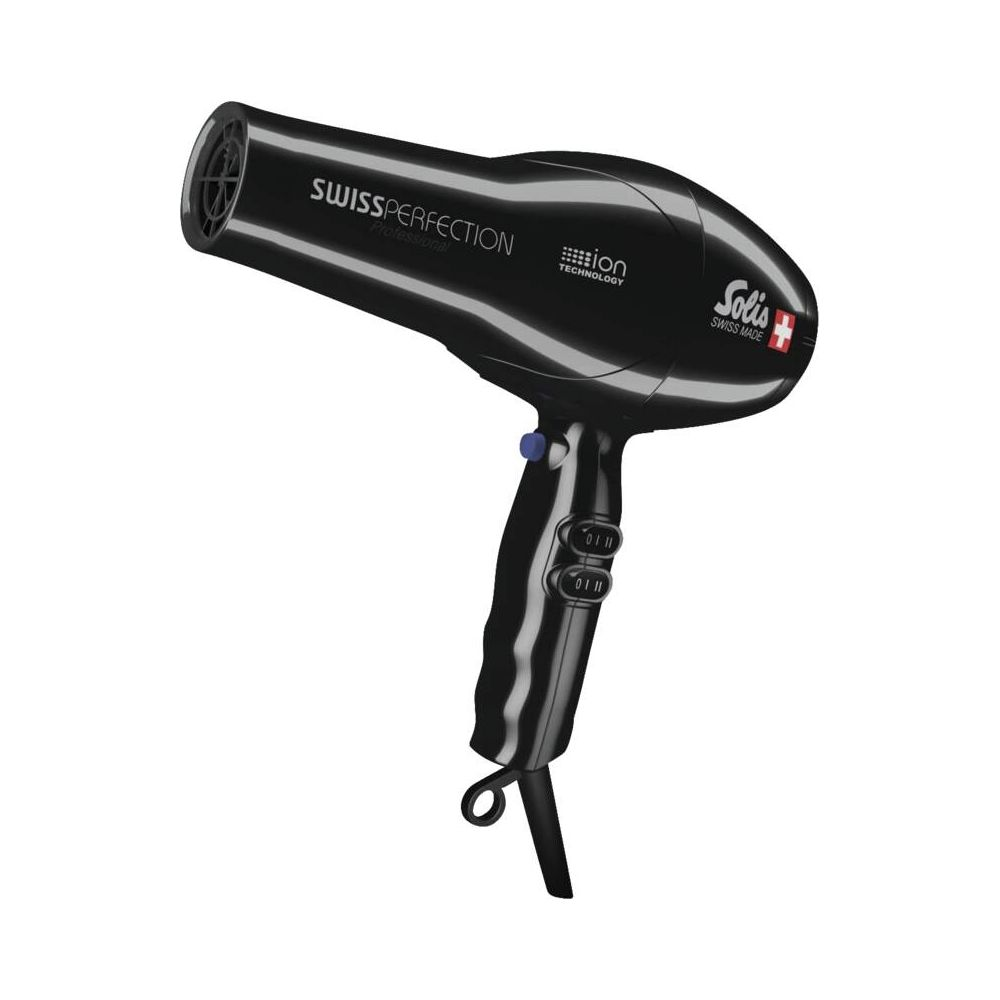 Sèche-cheveux noir avec commandes argentées et lettrage de marque.