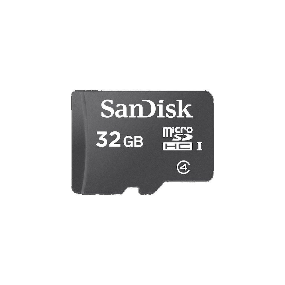Carte SanDisk Micro SDHC noire de 32 Go avec inscription blanche.