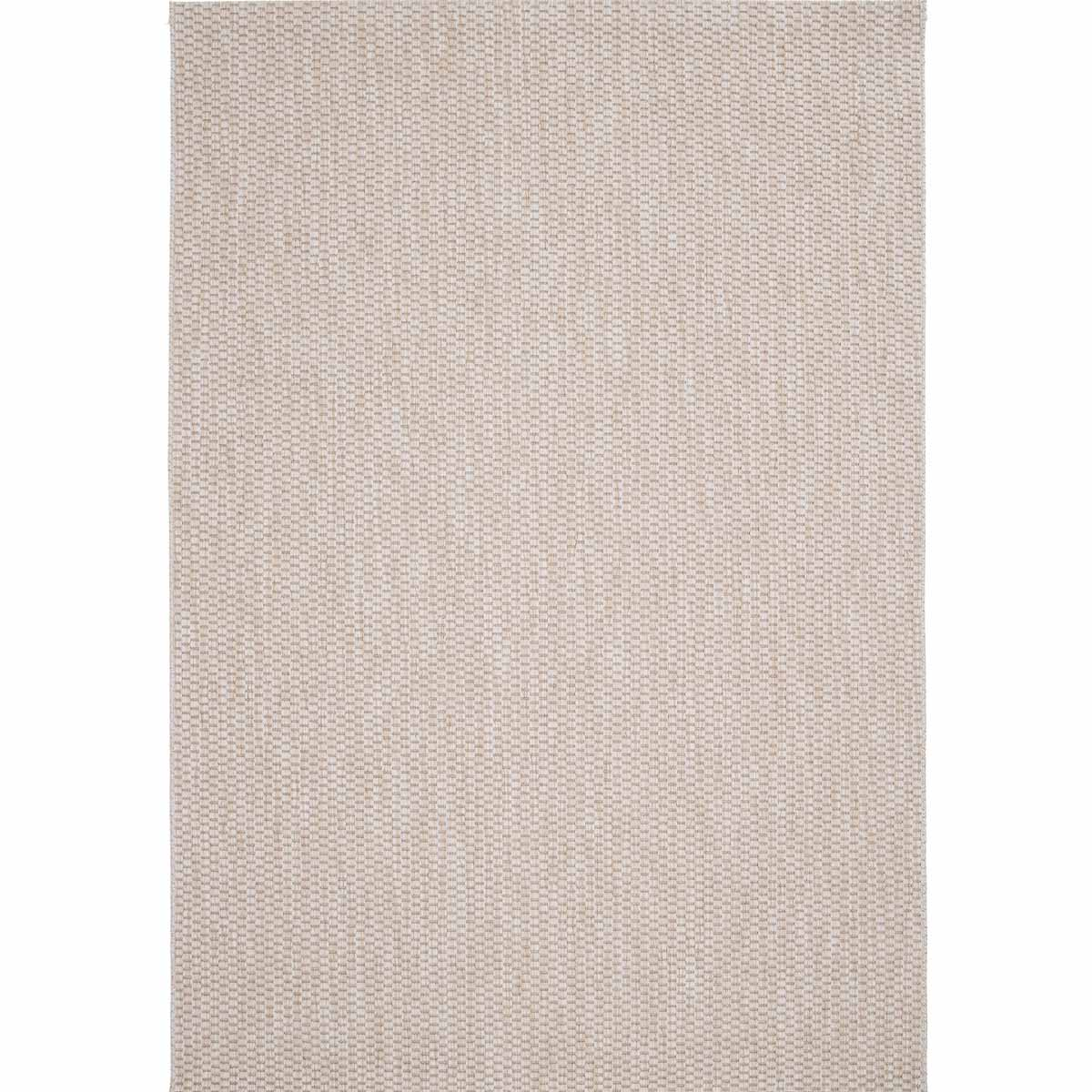 Een lichtbeige vloerkleed met een fijne geweven textuur.