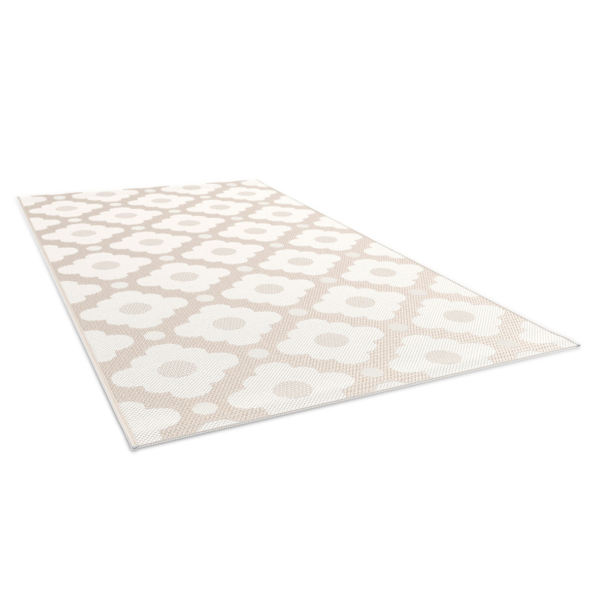 Beige tapijt met een herhalend patroon van witte bloemen en cirkels.