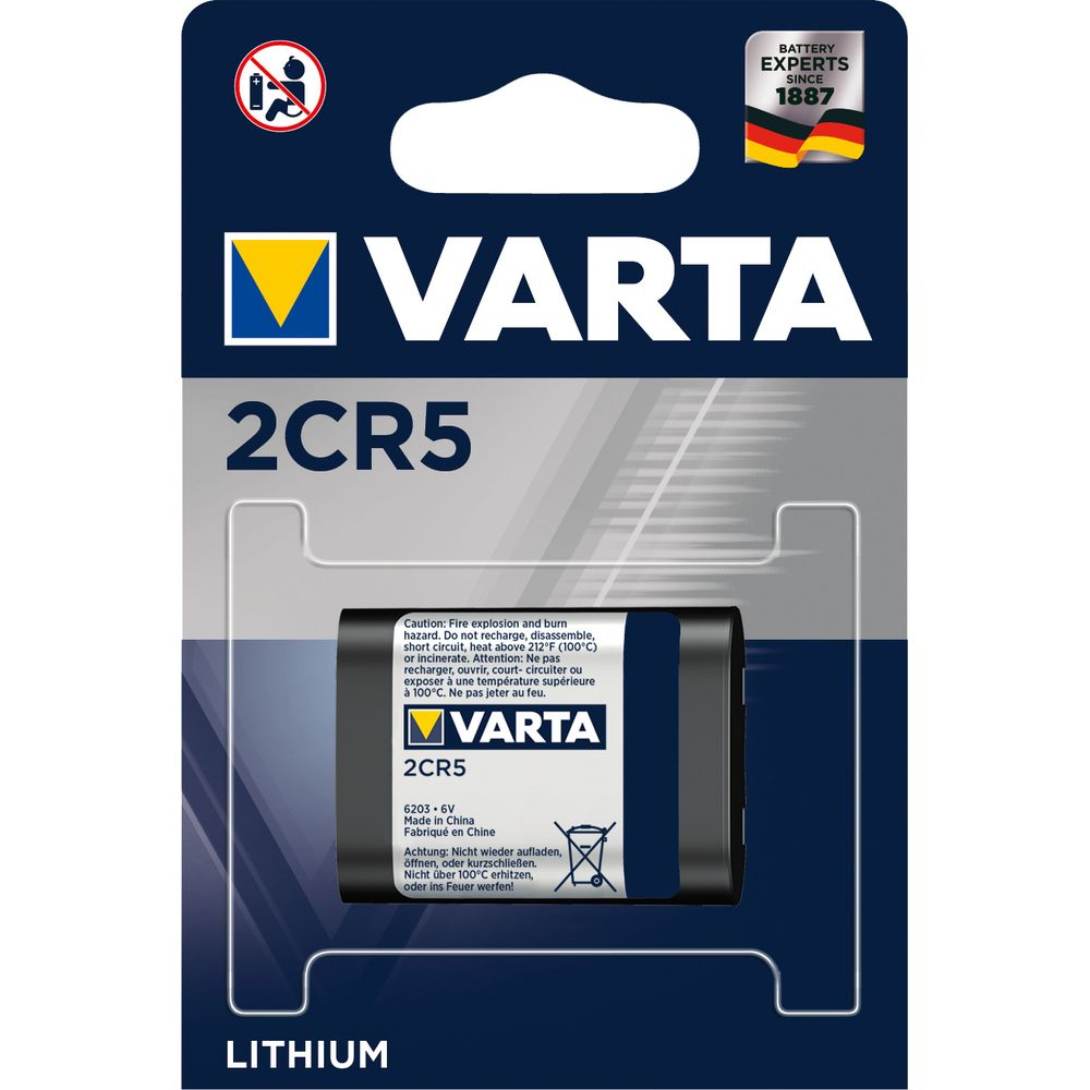 Varta 2CR5 lithium battery in blister pack with warnings.