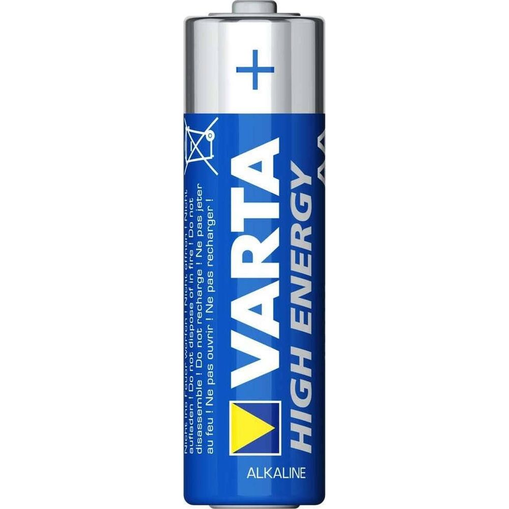 Una batteria alcalina Varta AA con custodia blu e argento.