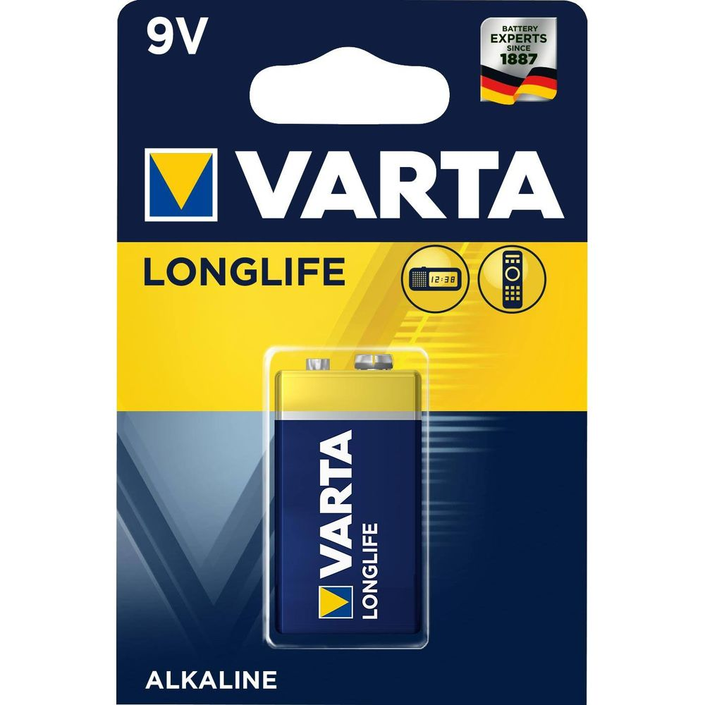 9V Varta Longlife Alkaline batterijverpakking met batterij.