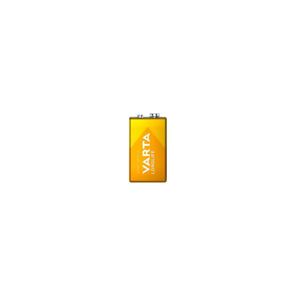 Een gele 9-volt Varta batterij met 'LONG LIFE' erop.