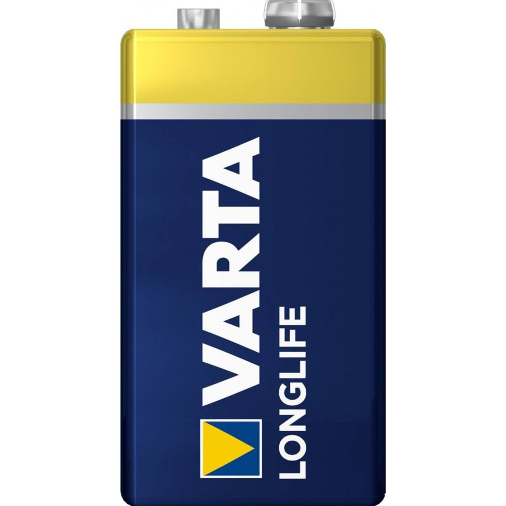 Een Varta Longlife 9V batterij met een gele bovenkant en blauw lichaam.