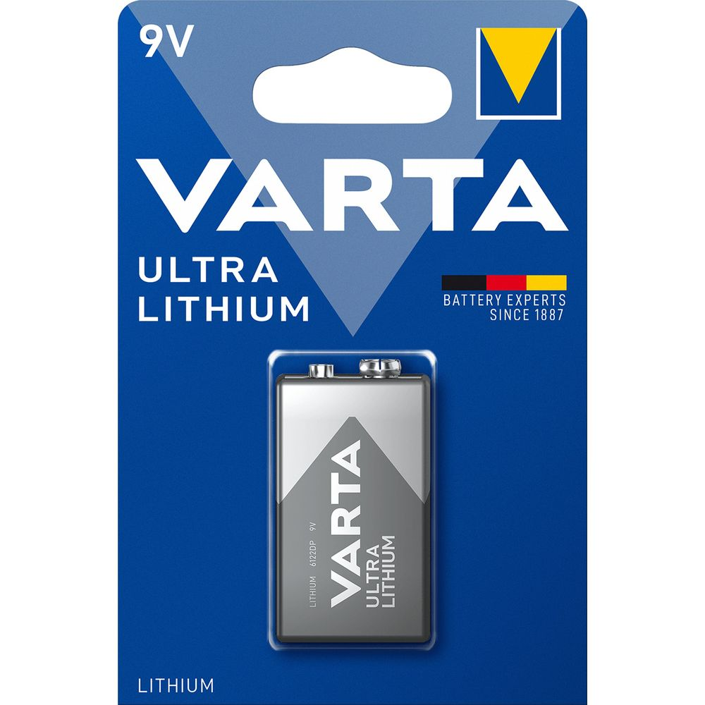 Varta 9V Ultra Lithium battery packaging. Silver battery with Varta logo.