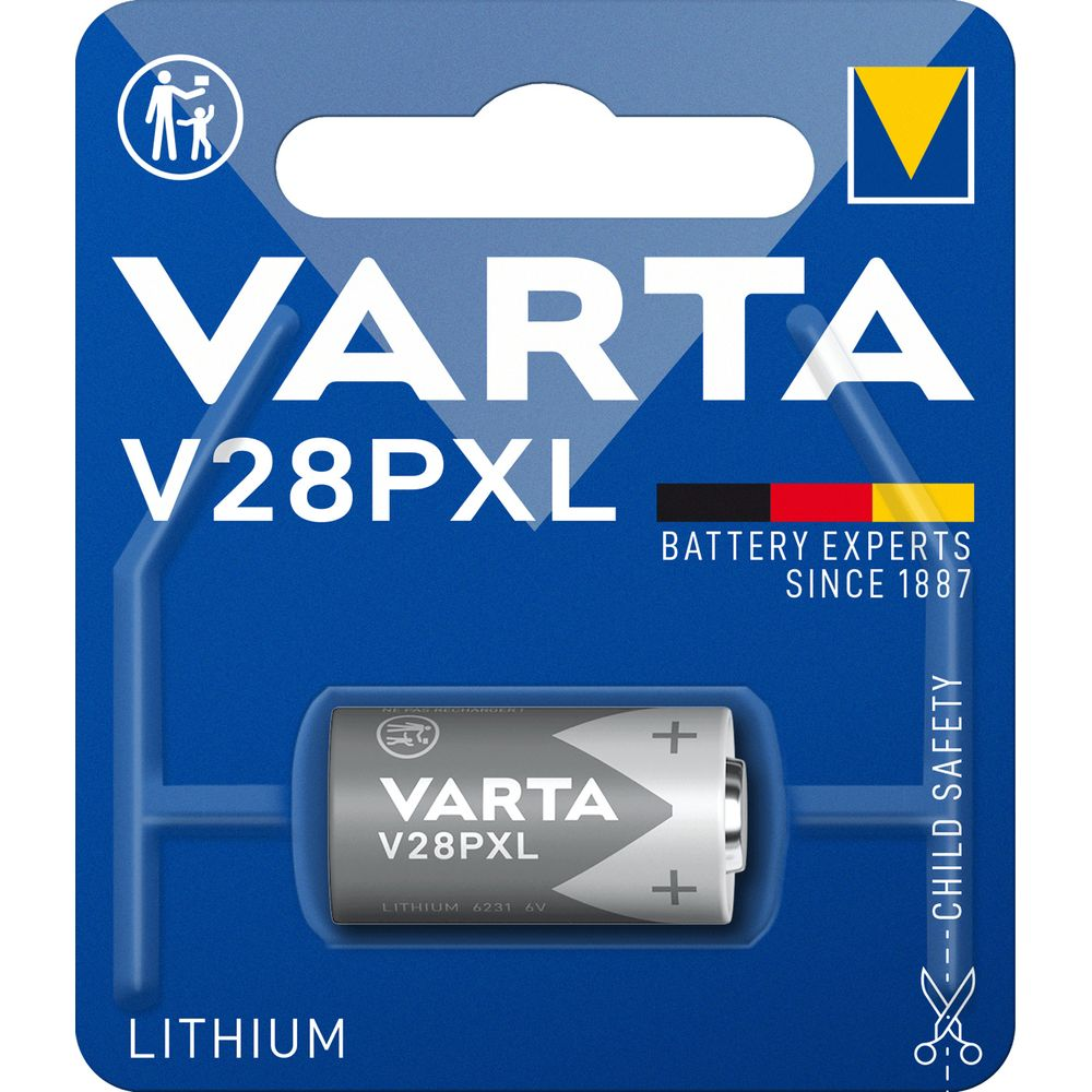 Batteria al litio Varta V28PXL in blister. Avviso sicurezza bambini.