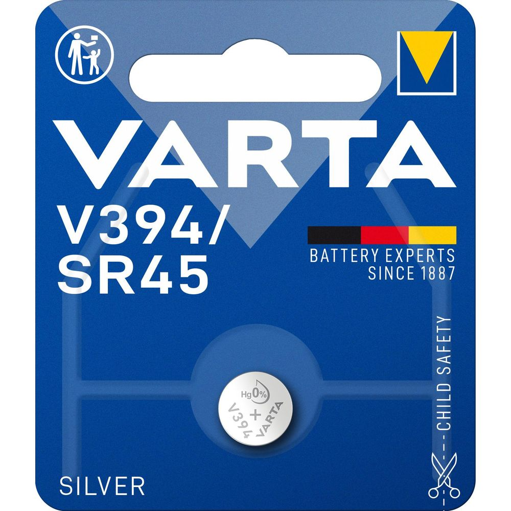 Pila a bottone Varta V394/SR45 argento con marchio Hg 0%.