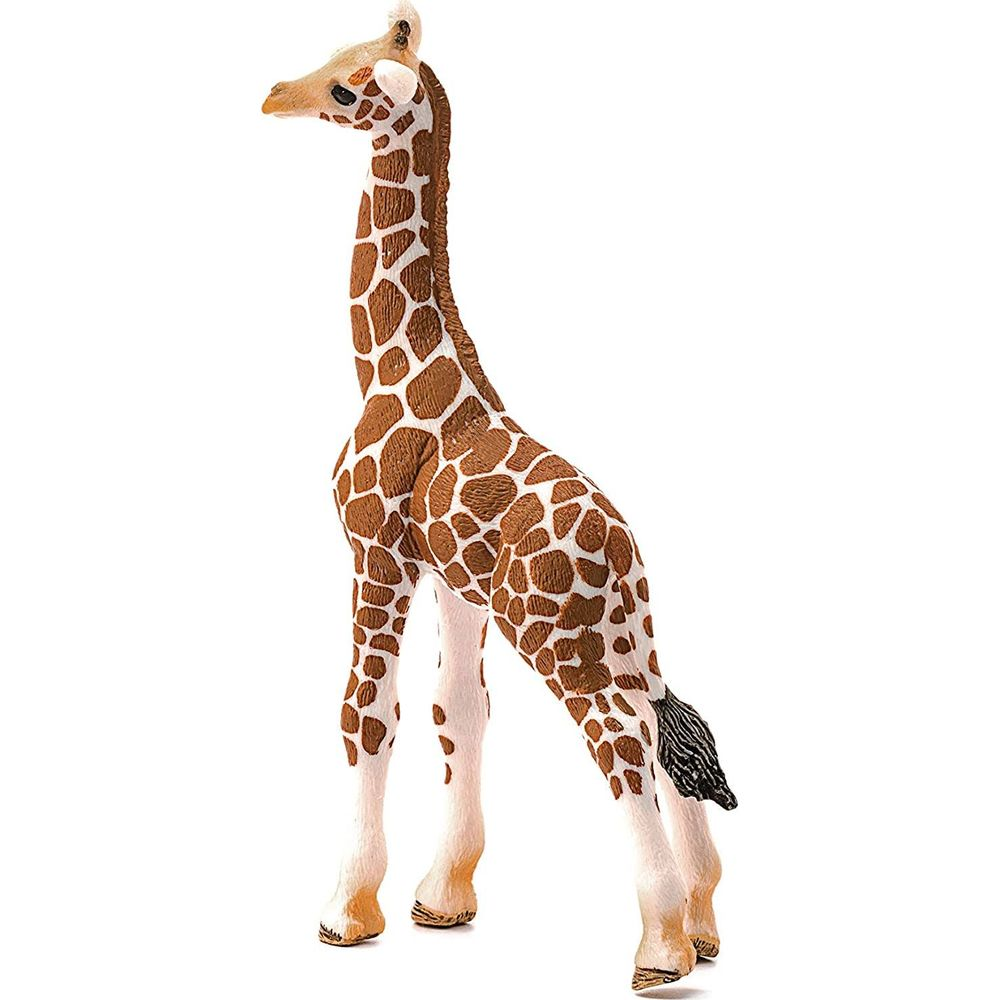 Una giraffa giocattolo marrone e bianca su sfondo bianco.