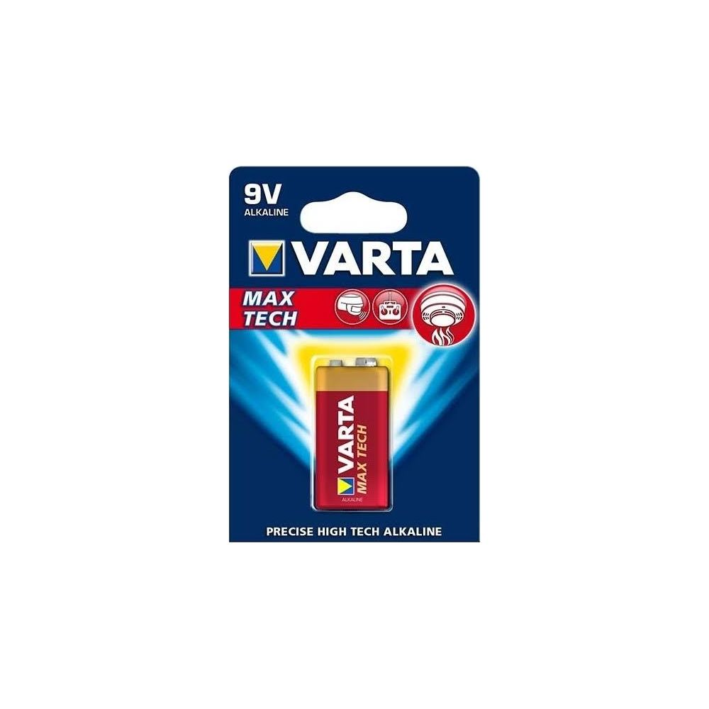 Varta 9V Alkaline-Batterie in Verpackung. Goldene Oberseite, roter Korpus mit Varta-Logo.
