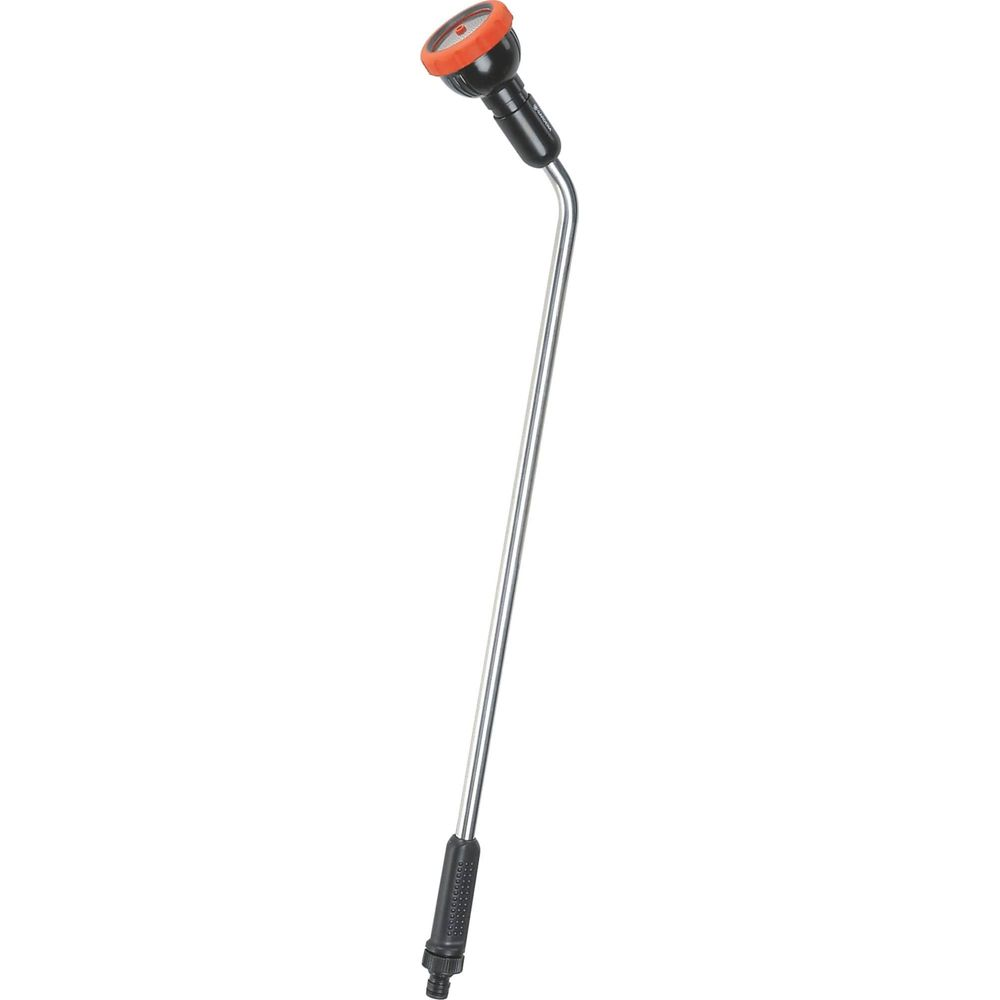 Ein metallischer Sprüharm mit einem schwarzen Griff und einem orangefarbenen Sprühkopf.