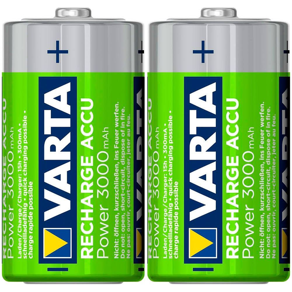 Dwa akumulatory Varta AA o pojemności 3000mAh, zielono-srebrny design.