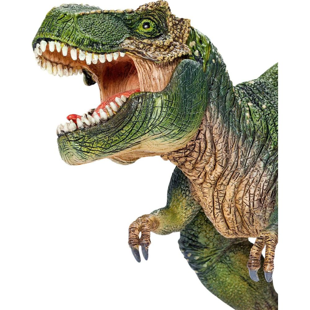 Tyrannosaurus Rex verde con la bocca aperta e denti aguzzi.