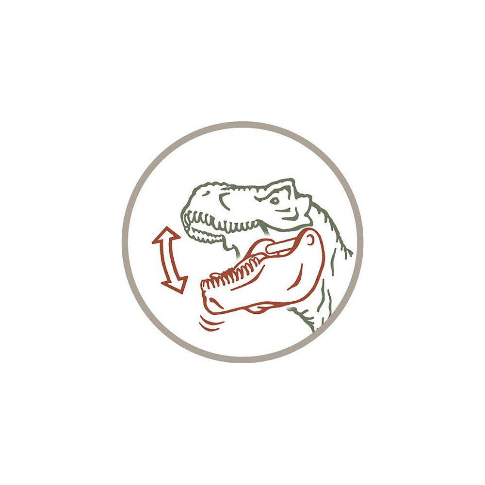 Testa di dinosauro con bocca aperta, freccia indica movimento mascella.