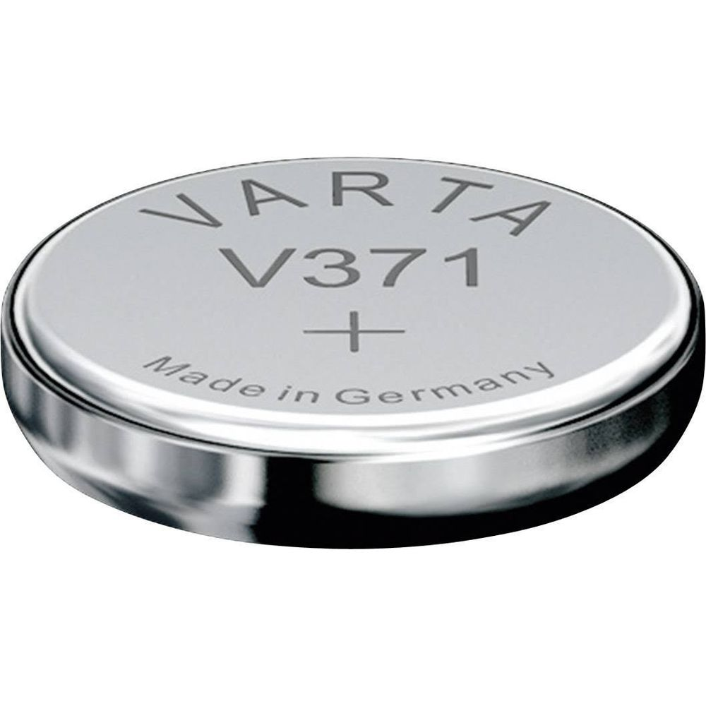 Una batteria a bottone Varta V371 argentata, made in Germany.