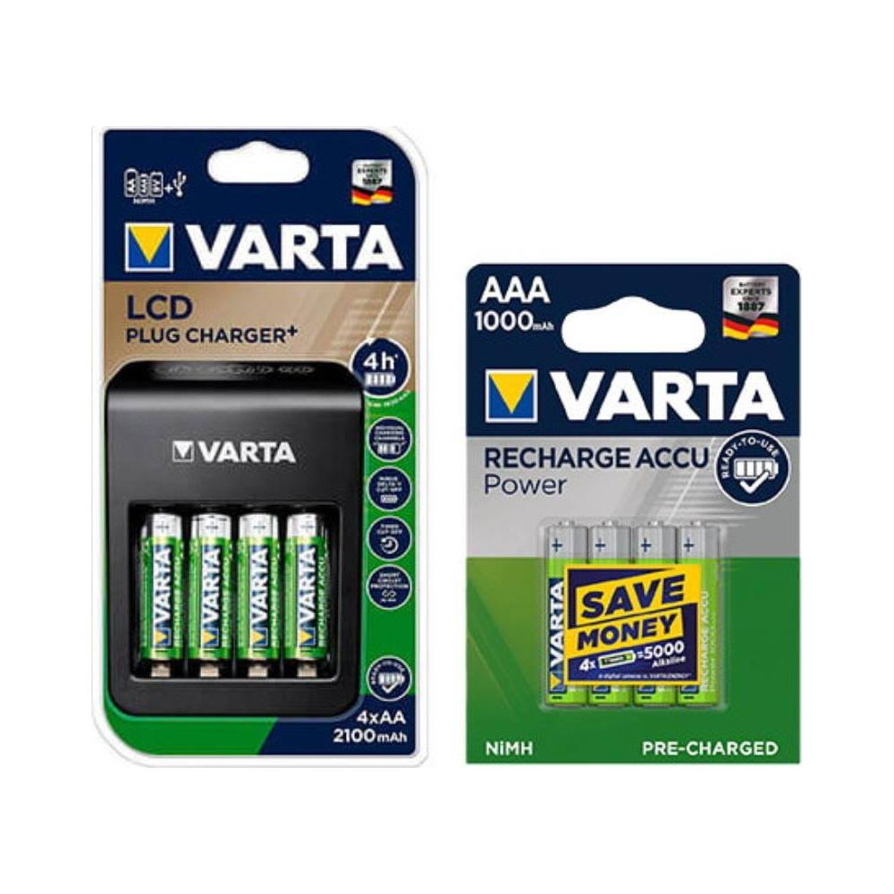 Ładowarka Varta LCD z 4 bateriami AA i 4 bateriami AAA w opakowaniu.