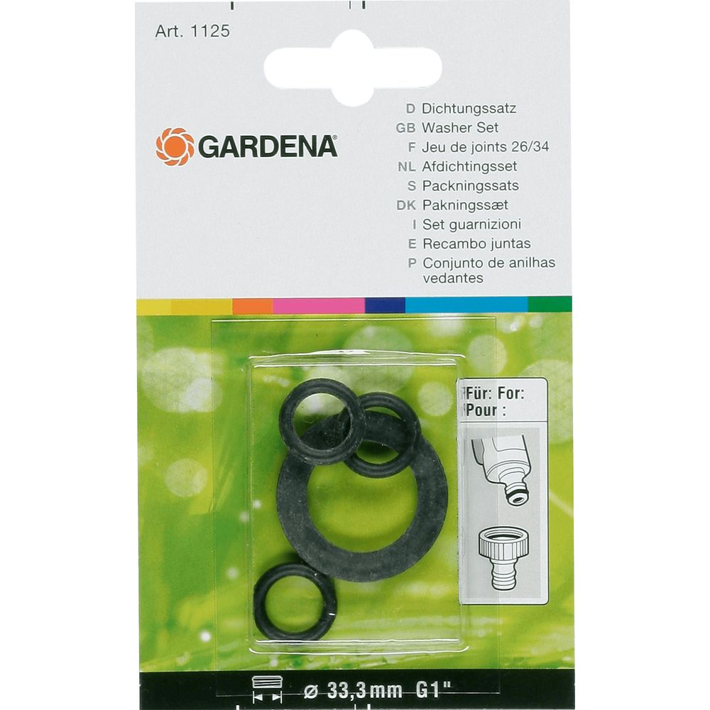 Gardena Dichtungsset mit drei Gummidichtungen und Anschlussstück.