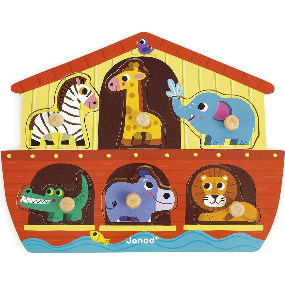 Drewniana układanka Arka Noego ze zwierzętami: zebra, żyrafa, słoń, krokodyl, hipopotam.